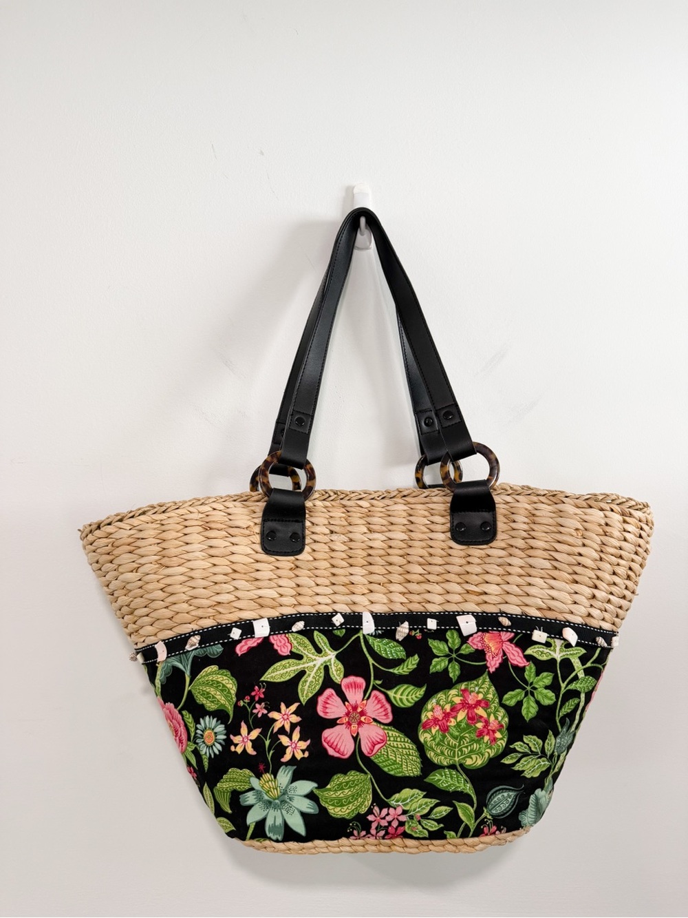 Vera Bradley Botanica Straw Tote Bag Floral Shell Trim Summer Beach Boho Vintage